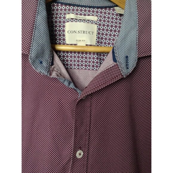 ConStruct Slim Fit Flip Cuff Shirt Men's Size 16 Polka Dot Plum Stretch Business - Picture 2 of 7